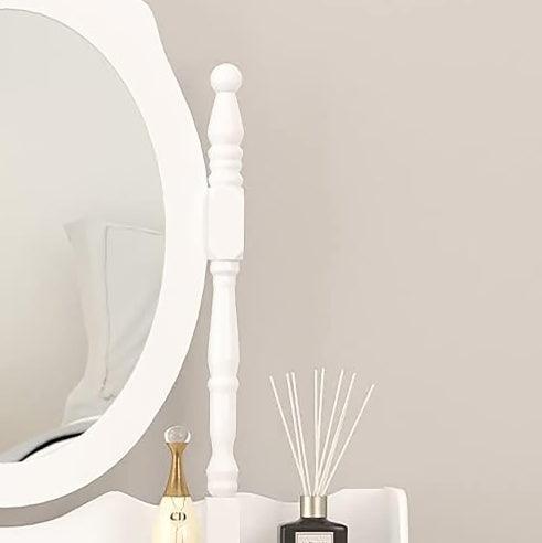 Ensemble coiffeuse 4 tiroirs, coiffeuse avec tabouret rembourré, ensemble de meubles de chambre pour filles et femmes avec miroir ovale