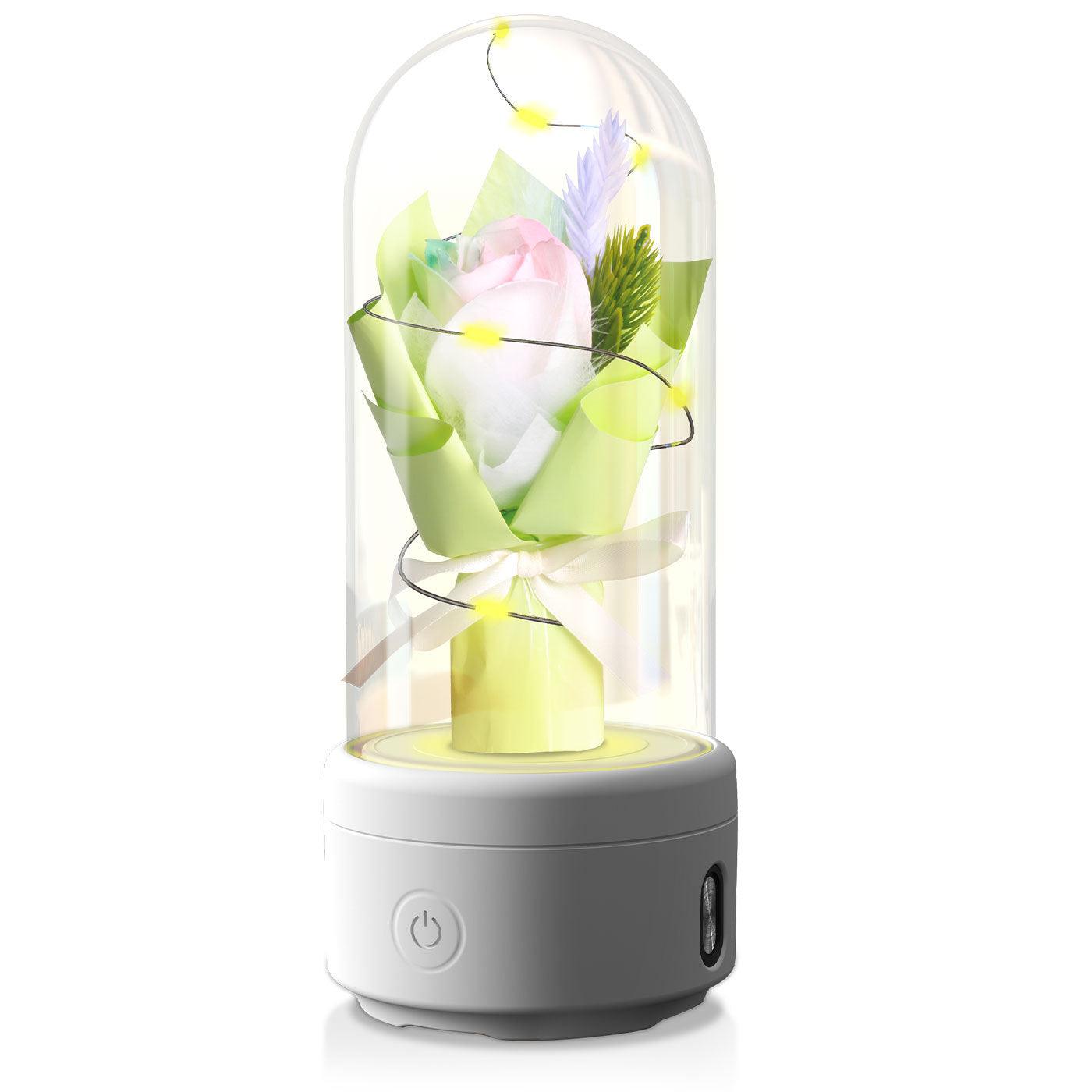 Bouquet créatif 2 en 1 avec lumière LED et haut-parleur Bluetooth, cadeau de fête des mères, veilleuse lumineuse en forme de rose, dans un couvercle en verre