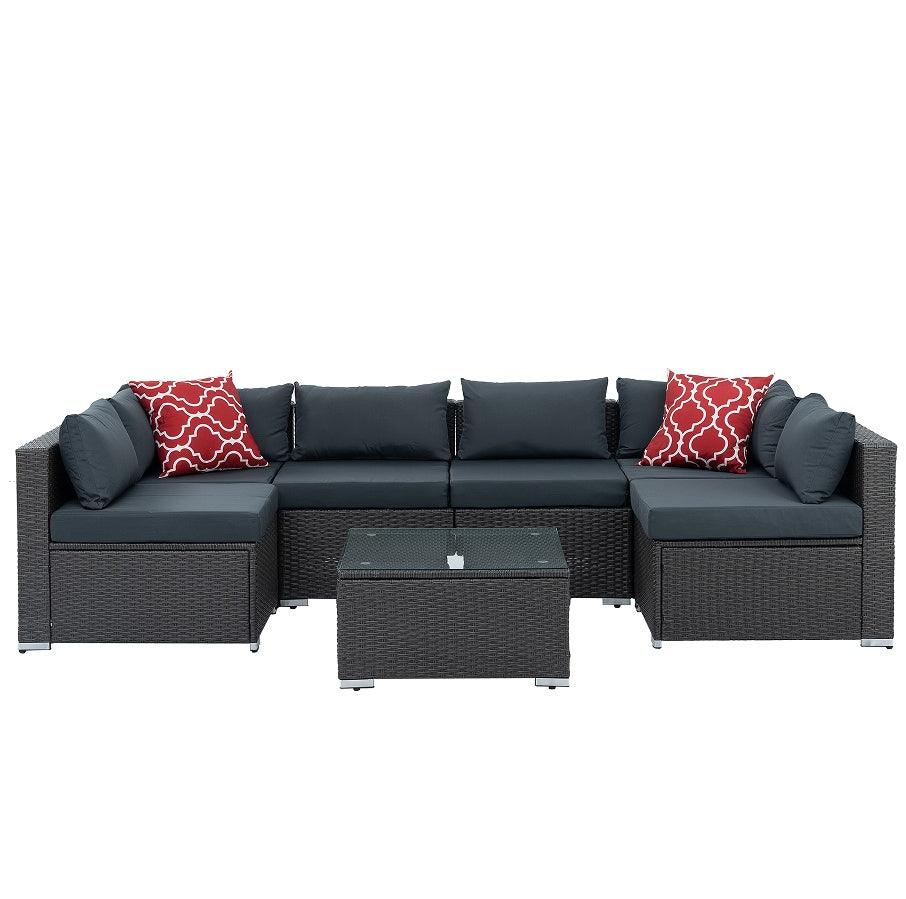 Mobilier de jardin, mobilier d'extérieur, mobilier saisonnier en osier PE, ensemble de 7 meubles en osier avec table basse en verre trempé