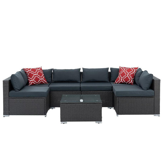 Mobilier de jardin, mobilier d'extérieur, mobilier saisonnier en osier PE, ensemble de 7 meubles en osier avec table basse en verre trempé