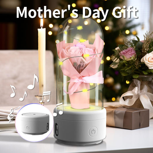 Bouquet créatif 2 en 1 avec lumière LED et haut-parleur Bluetooth, cadeau de fête des mères, veilleuse lumineuse en forme de rose, dans un couvercle en verre