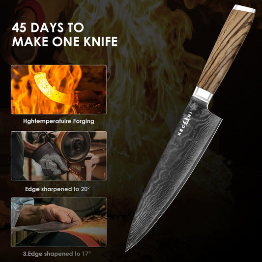 Couteau de chef Kegani - Couteau japonais 8 pouces, 67 couches d'acier Damas japonais VG-10, couteau de cuisine ultra tranchant, couteau de chef professionnel, couteau Gyuto - Manche ergonomique FullTang