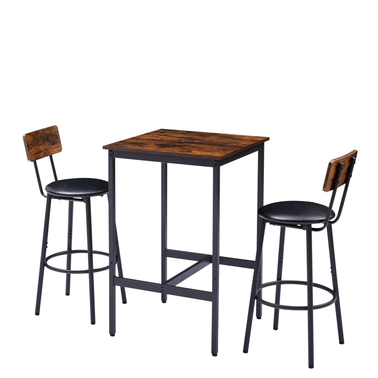 Bar Table Set With 2 Stools, PU Seat Backrest, Rustic Brown, 23.62 W X 35 H - Grivelo