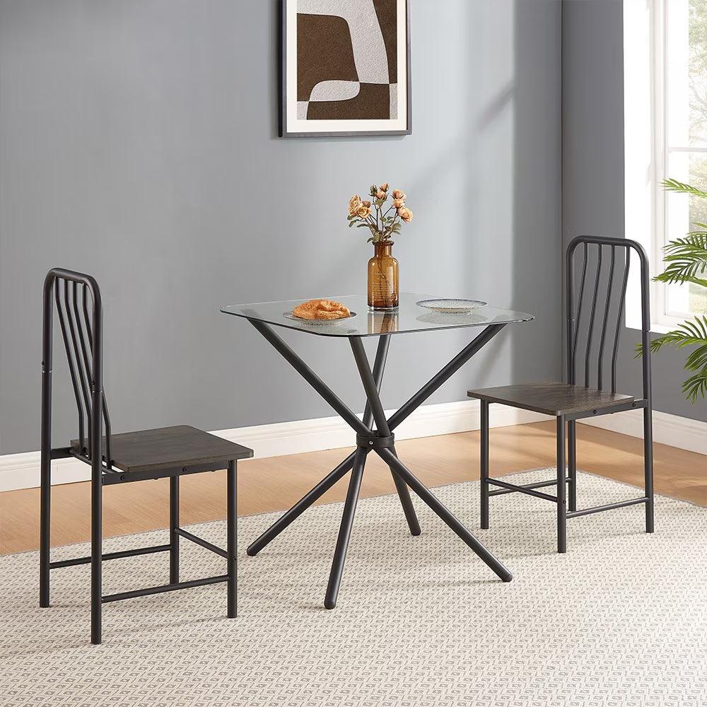 Ensemble de salle à manger pour 2 personnes, table carrée en verre trempé avec 4 pieds et 2 chaises en métal, pour la maison, le bureau, la cuisine ou la salle à manger, noir et marron