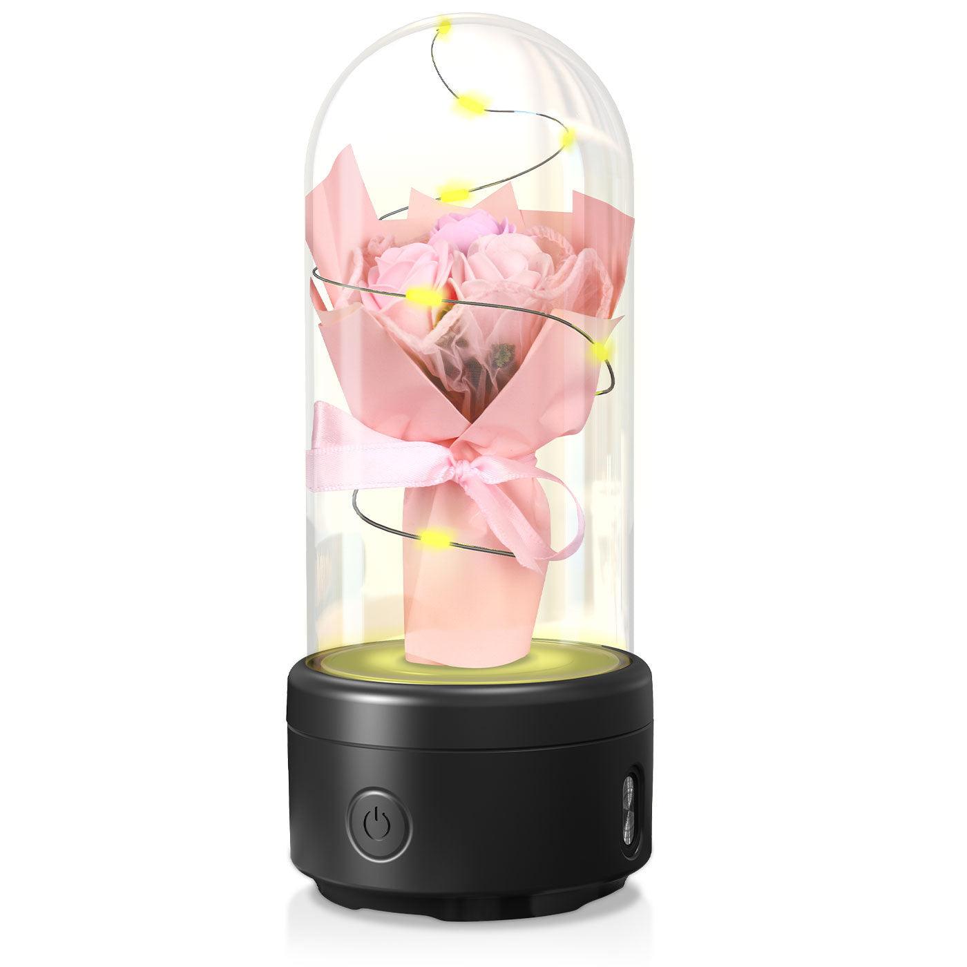Bouquet créatif 2 en 1 avec lumière LED et haut-parleur Bluetooth, cadeau de fête des mères, veilleuse lumineuse en forme de rose, dans un couvercle en verre