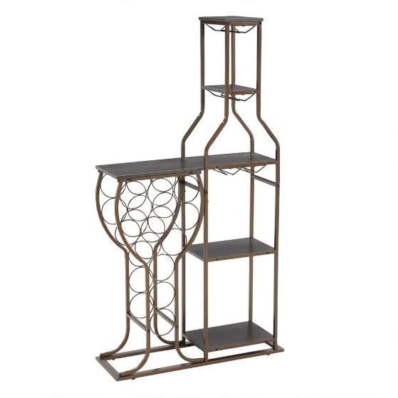 Étagère à vin grise sur pied pour 11 bouteilles, 5 niveaux, avec porte-verres et étagères de rangement, idéale pour bar, salon, salle à manger ou comme cadeau.