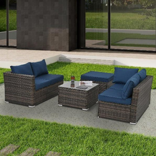 Mobilier de jardin, mobilier d'extérieur, mobilier saisonnier en osier PE, ensemble de 4 meubles en osier avec table basse en verre trempé