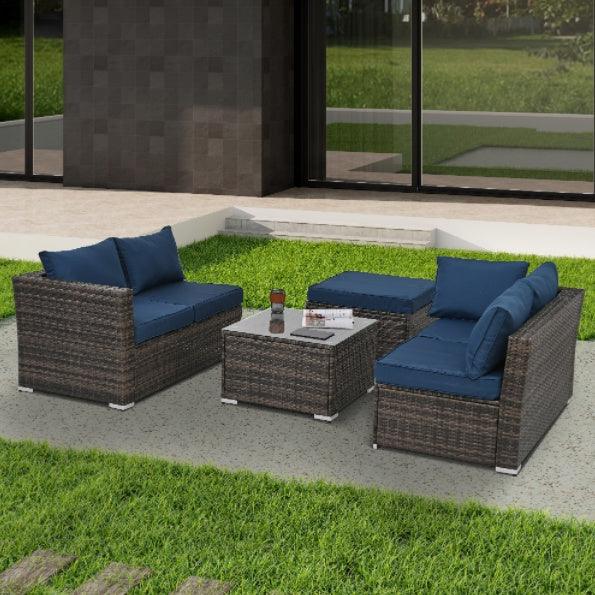 Mobilier de jardin, mobilier d'extérieur, mobilier saisonnier en osier PE, ensemble de 4 meubles en osier avec table basse en verre trempé
