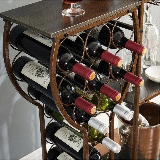 Étagère à vin grise sur pied pour 11 bouteilles, 5 niveaux, avec porte-verres et étagères de rangement, idéale pour bar, salon, salle à manger ou comme cadeau.