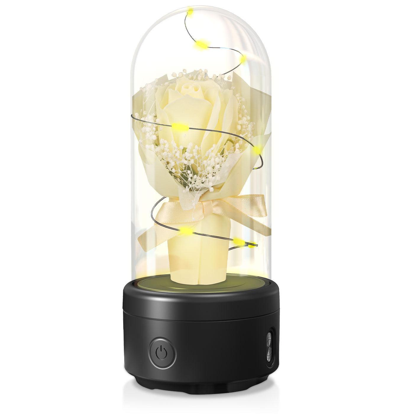 Bouquet créatif 2 en 1 avec lumière LED et haut-parleur Bluetooth, cadeau de fête des mères, veilleuse lumineuse en forme de rose, dans un couvercle en verre
