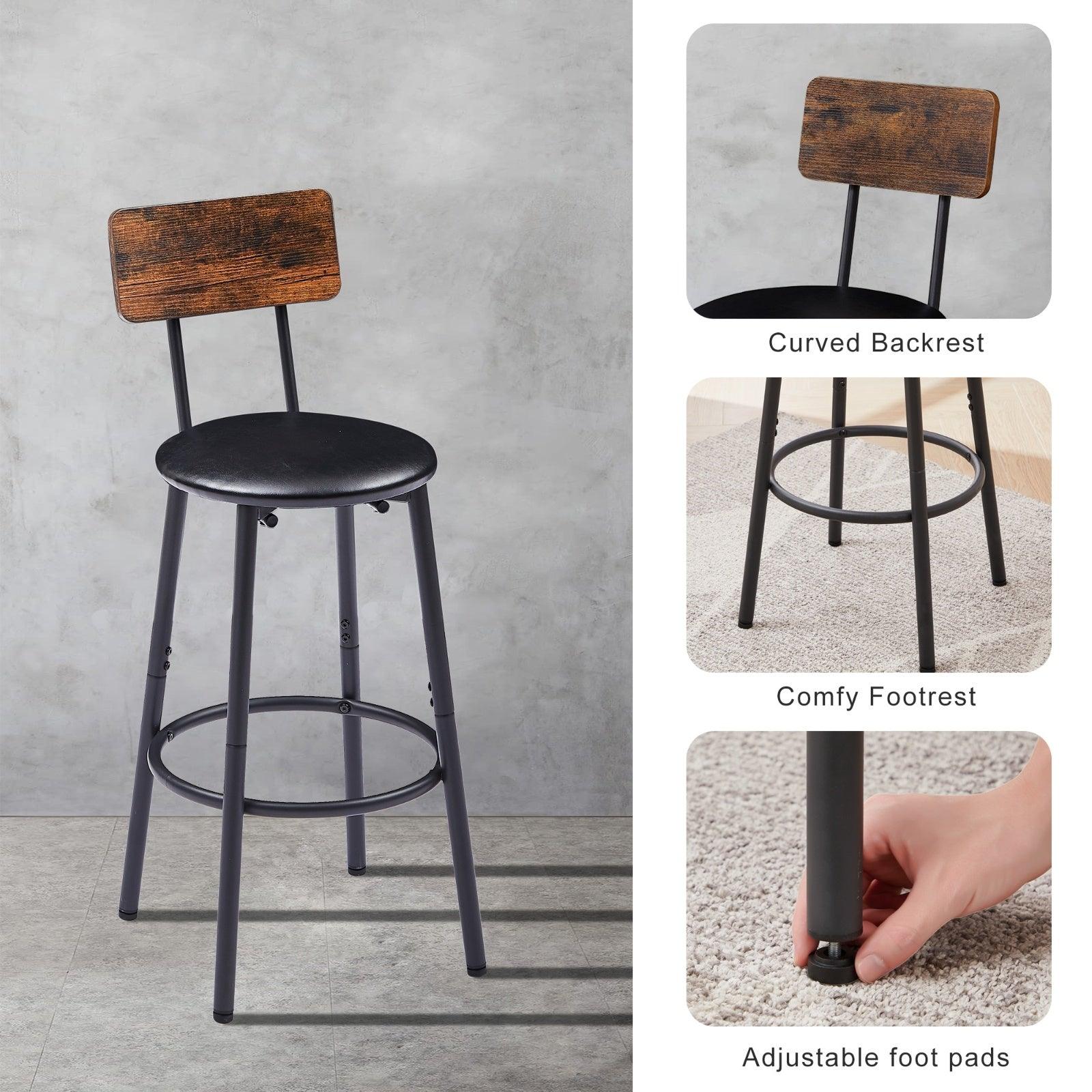 Bar Table Set With 2 Stools, PU Seat Backrest, Rustic Brown, 23.62 W X 35 H - Grivelo