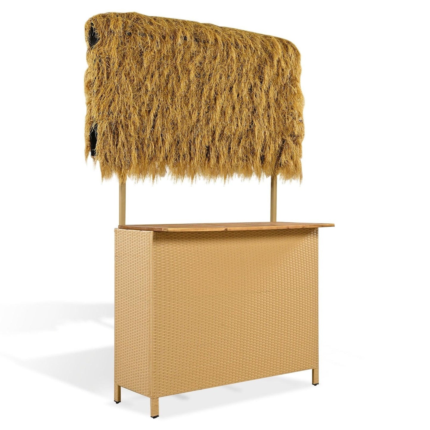 Ensemble de patio de style hawaïen avec auvent en gazon PE, table de bar d'extérieur et tabourets réglables