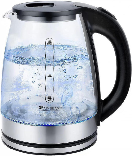 Bouilloire électrique 1,8 L, grande ouverture avec éclairage LED, arrêt automatique et protection anti-ébullition à sec, verre noir