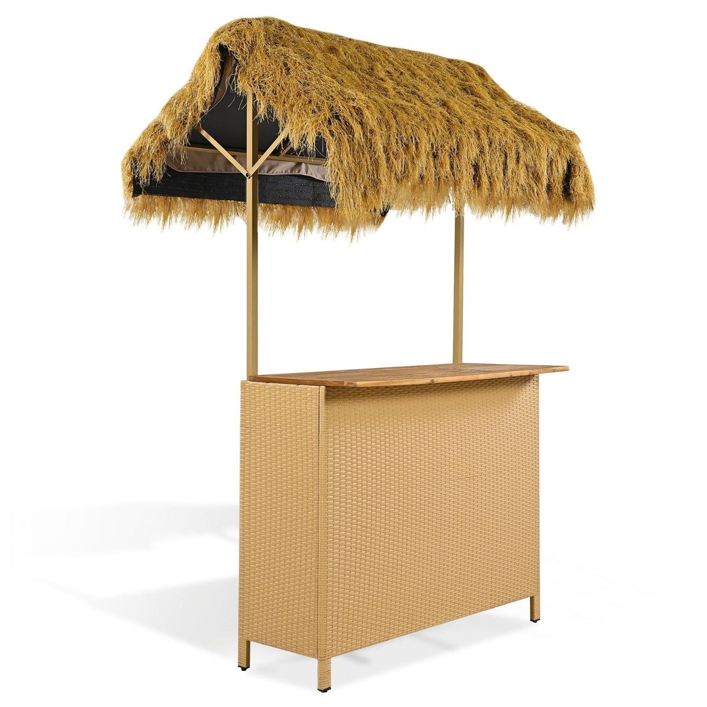Ensemble de patio de style hawaïen avec auvent en gazon PE, table de bar d'extérieur et tabourets réglables