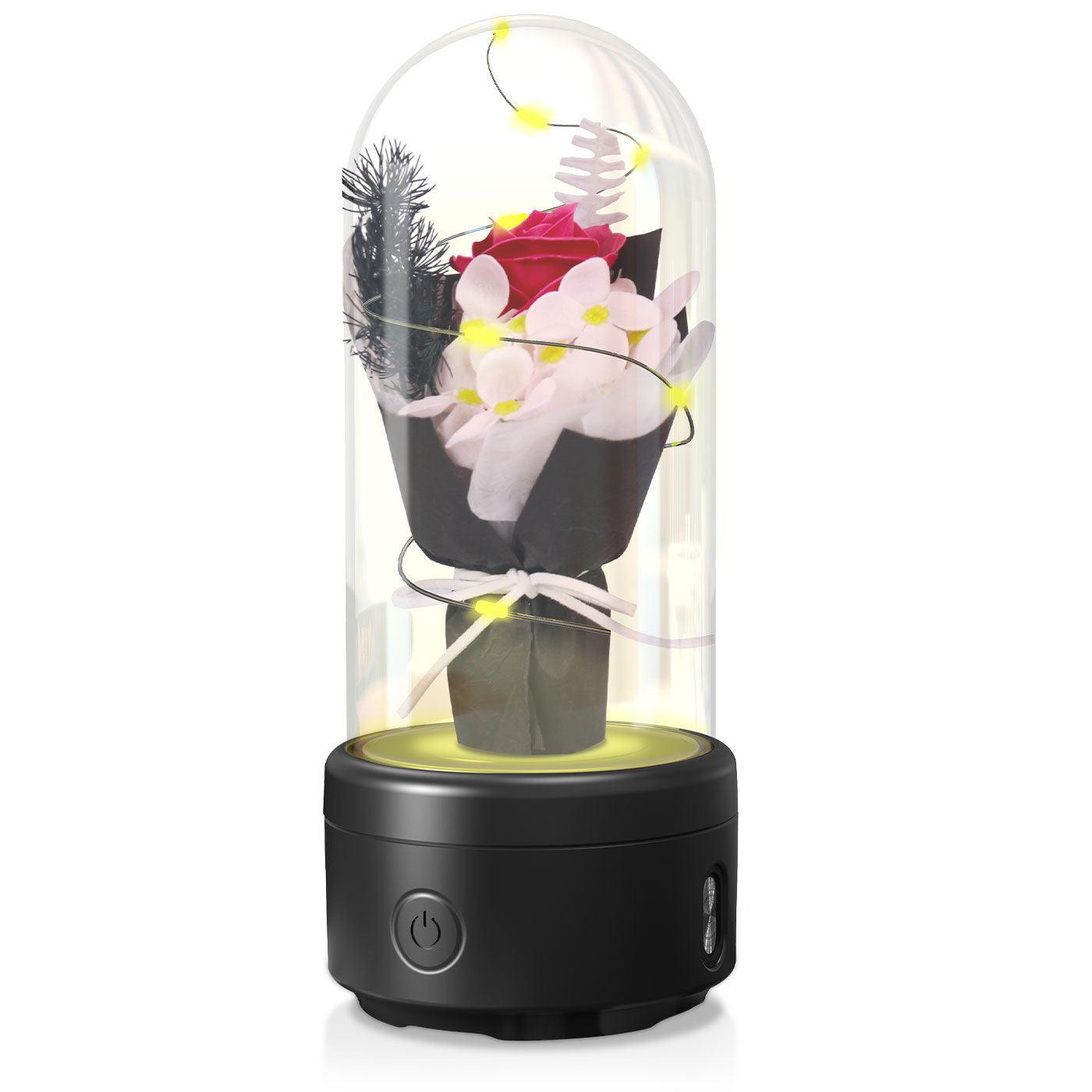 Bouquet créatif 2 en 1 avec lumière LED et haut-parleur Bluetooth, cadeau de fête des mères, veilleuse lumineuse en forme de rose, dans un couvercle en verre