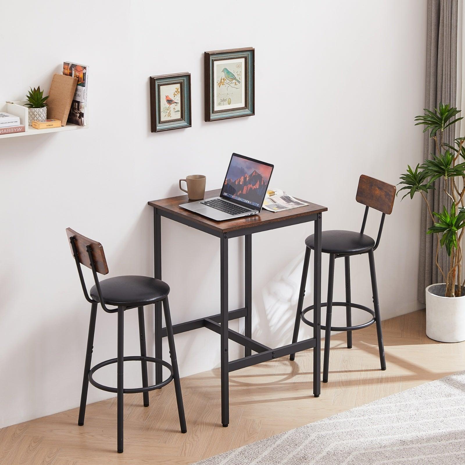Bar Table Set With 2 Stools, PU Seat Backrest, Rustic Brown, 23.62 W X 35 H - Grivelo